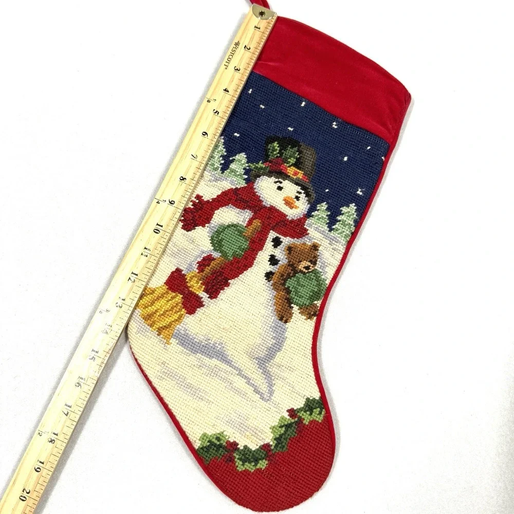 Vintage Christmas‎ Stocking Needlepoint Frosty Snowman Teddy Bear Wool Velvet
